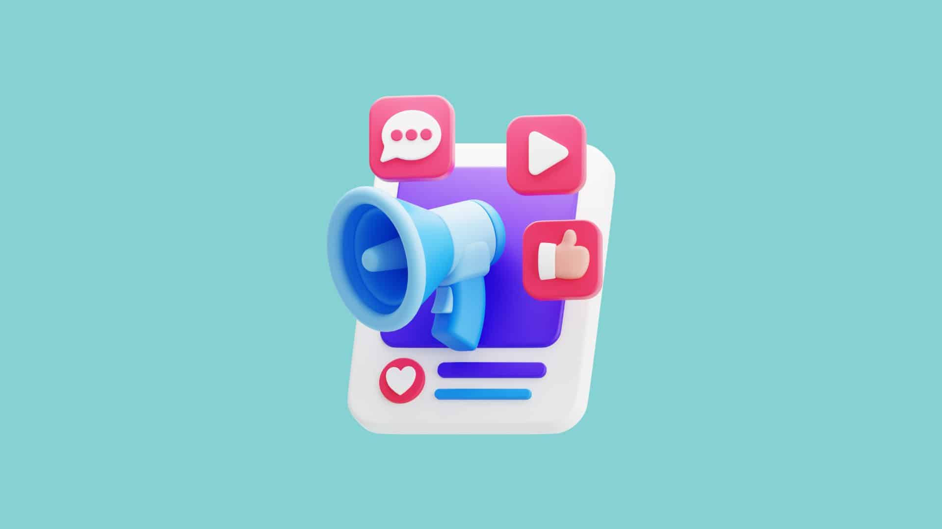 Ilustración sobre redes sociales con iconos de like, mensaje y megáfono