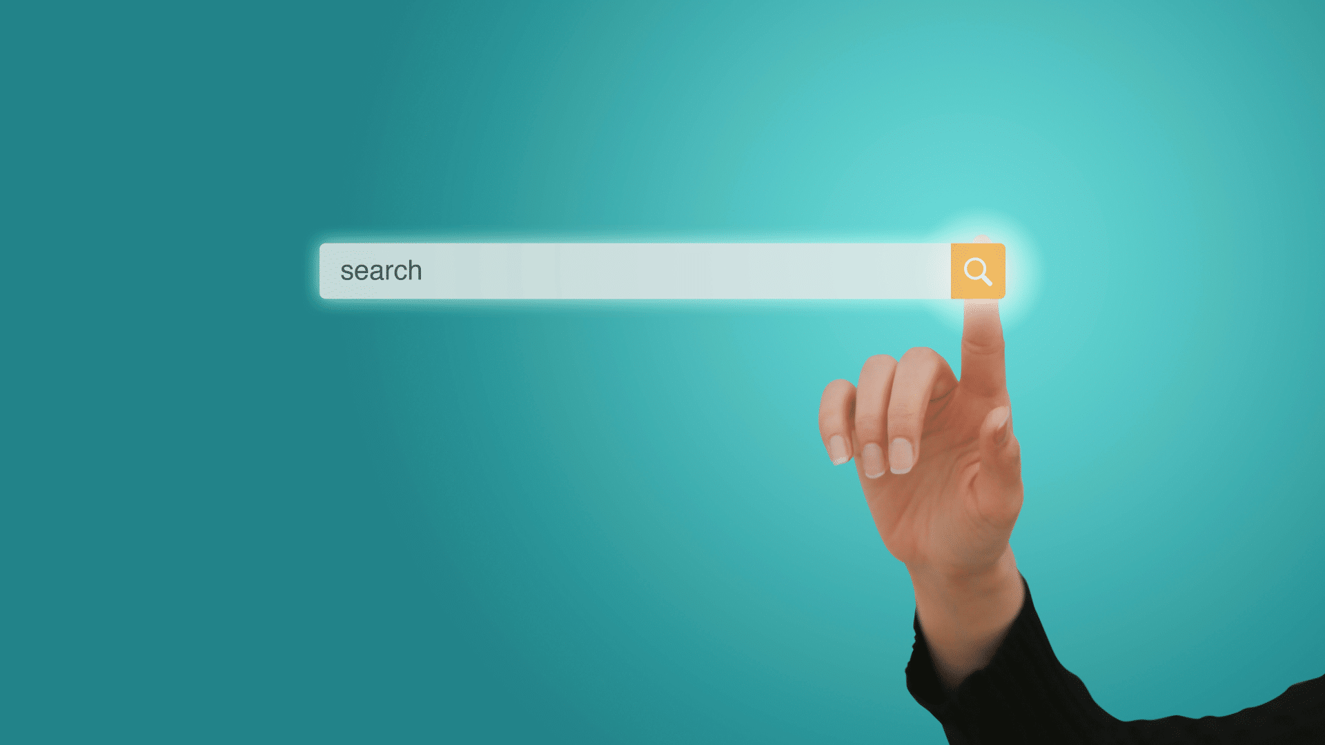 Mano tocando icono de búsqueda en una barra de buscador sobre fondo azul