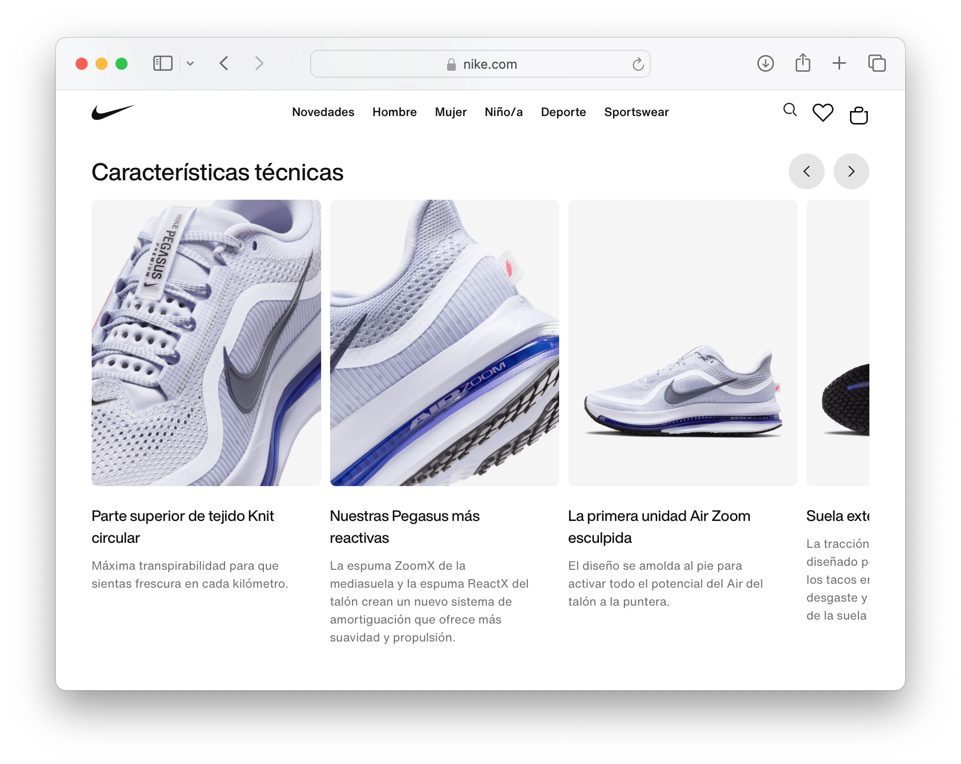 Detalle visual de características técnicas de zapatillas deportivas en una ficha de producto, incluyendo materiales, amortiguación y diseño