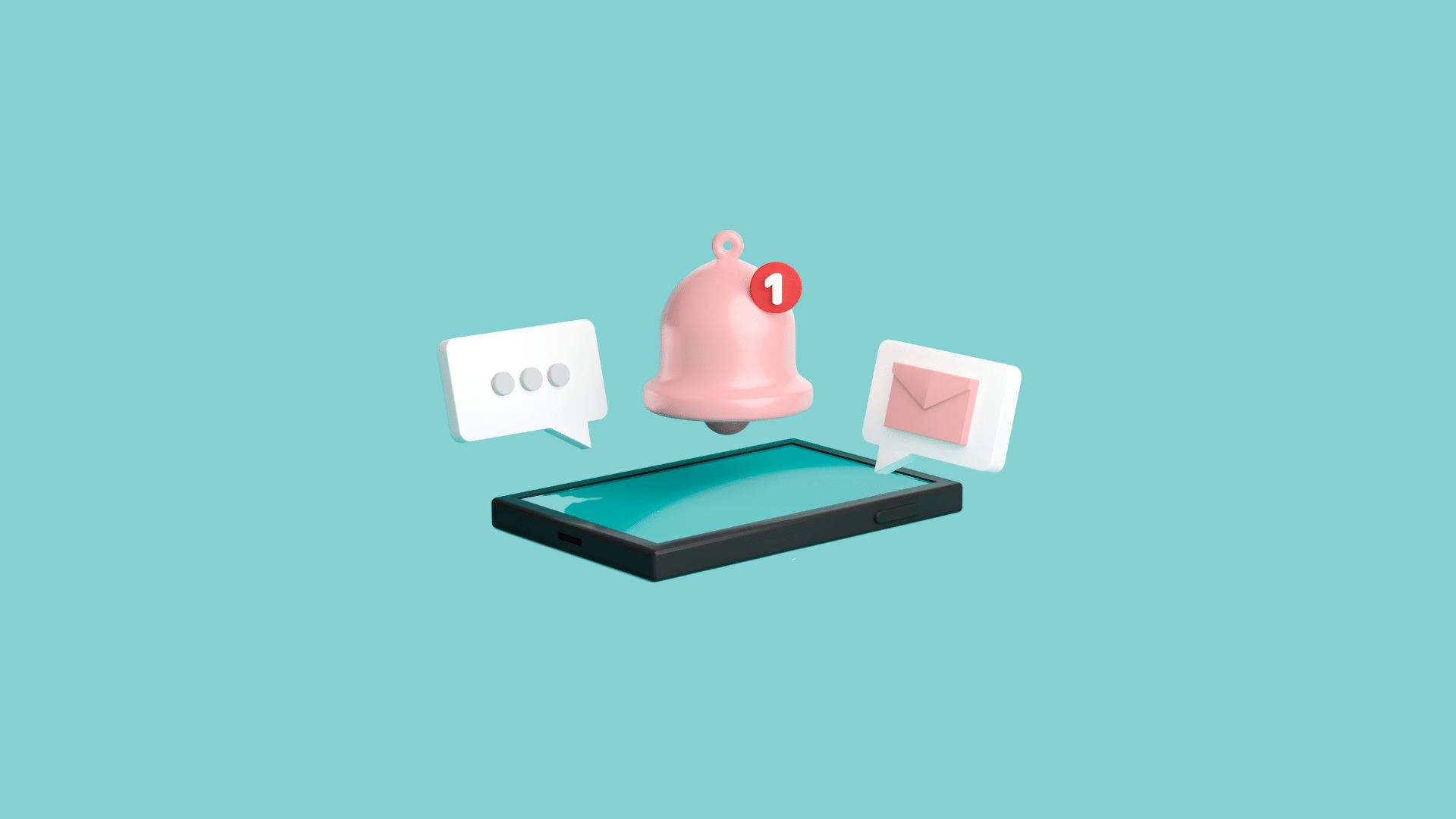 Microinteracciones en aplicaciones móviles: notificación emergente con campana, mensaje y correo en la pantalla de un smartphone.