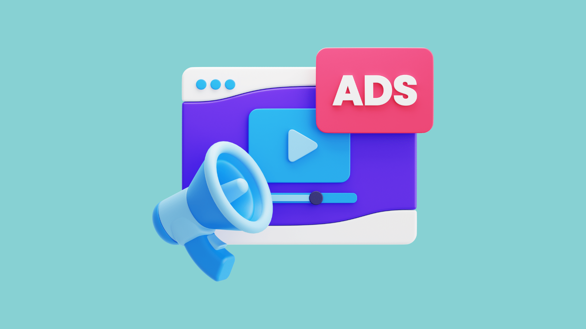 Ilustración 3D de un megáfono, una pantalla de video y un cartel de “Social ads” sobre fondo azul