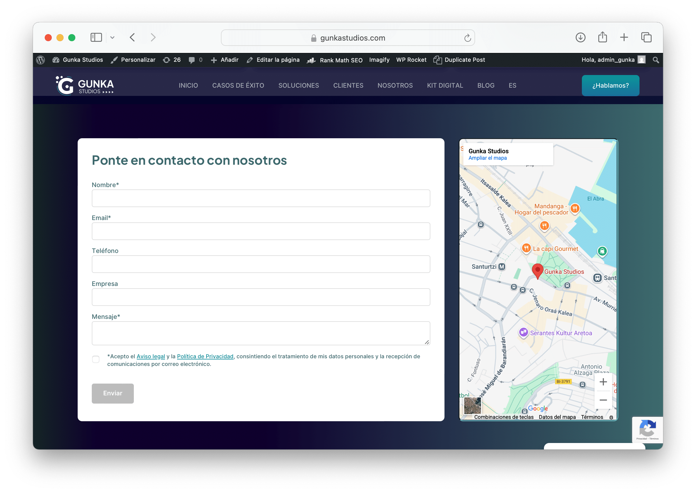 formulario web de contacto en la página de Gunka Studios con campos de nombre, email, teléfono, empresa y mensaje