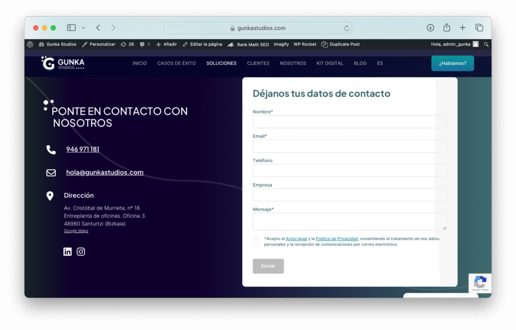 Formularios web de contacto en la página de Gunka Studios con campos de nombre, email, teléfono, empresa y mensaje