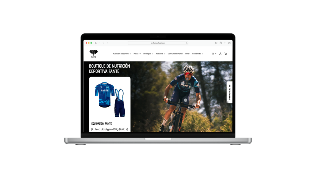 Tienda de equipación deportiva Fanté con maillot y culotte junto a ciclista en acción