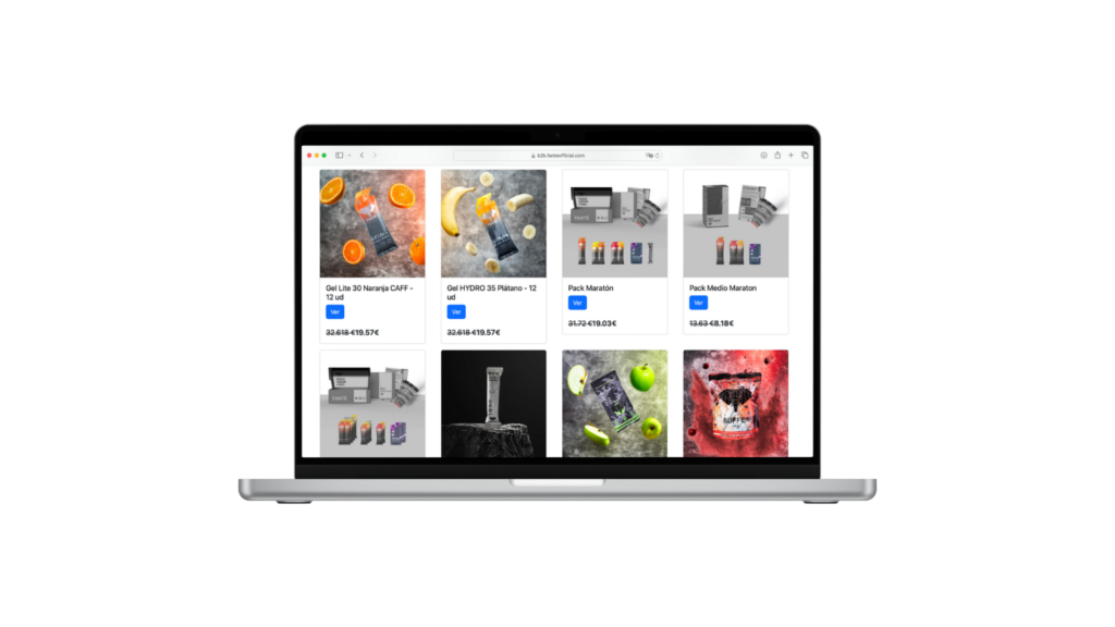 Página de productos B2B de Fanté con geles Hydro, geles Lite y packs deportivos