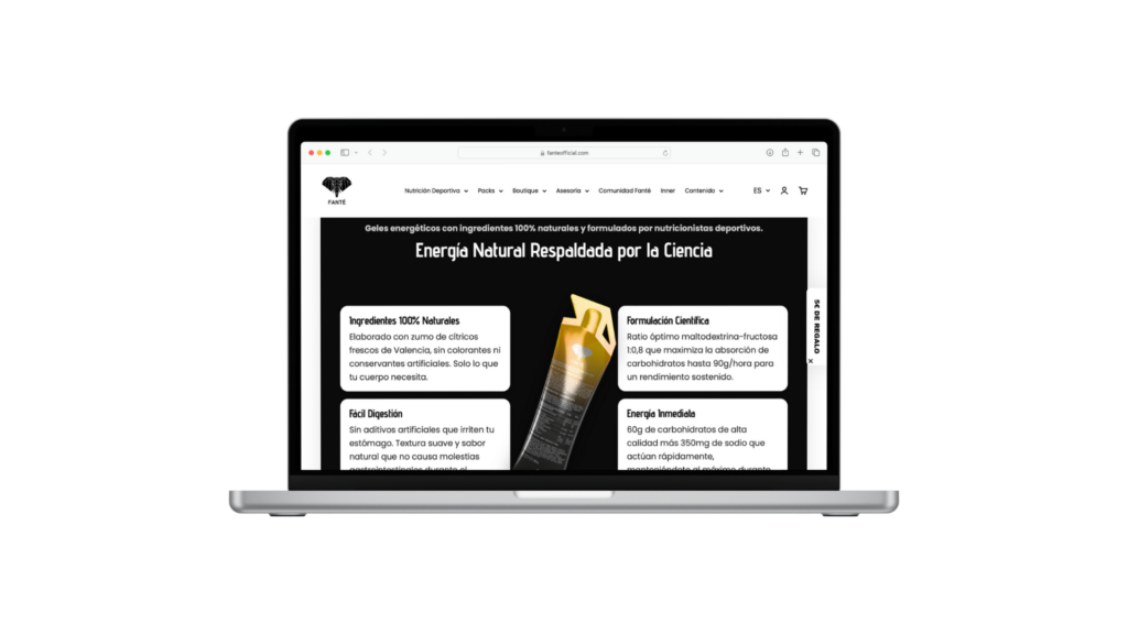Página de geles energéticos de Fanté con beneficios, ingredientes y formulación científica